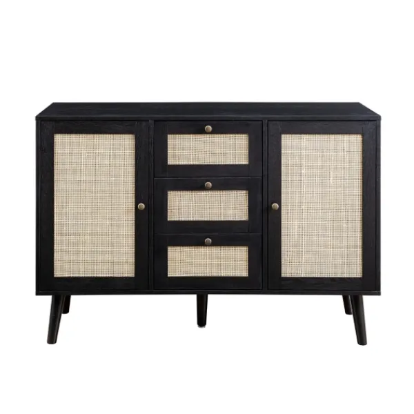 Cabinets & Sideboards-Kirkland's Home Onyx Wood And Natural Rattan Doors Sideboard Tan/Black