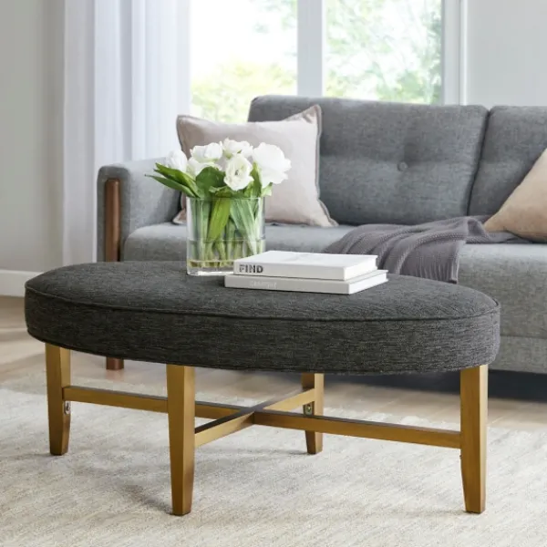 Benches & Ottomans-Kirkland's Home Oval Upholstered Welt Edge Ottoman Gray