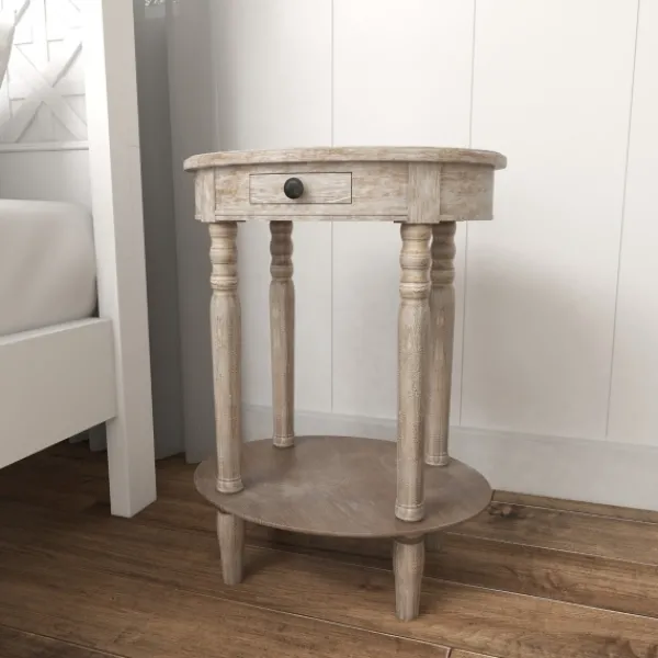 Accent & End Tables-Kirkland's Home Oval Washed Pine Wood Side Table White