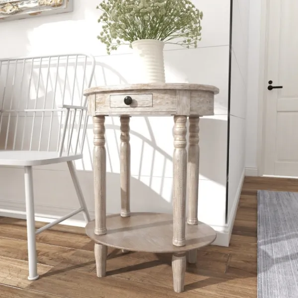 Accent & End Tables-Kirkland's Home Oval Washed Pine Wood Side Table White