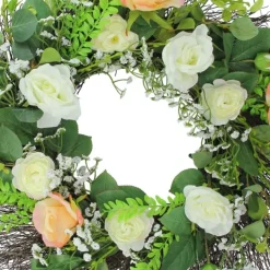 Wreaths-Kirkland's Home Peachy Roses And Baby'S Breath Wreath Green/Pink/White