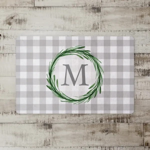 Kitchen & Floor Mats-Kirkland's Home Personalized Gray Buffalo Check Wreath Kitchen Mat Gray/White