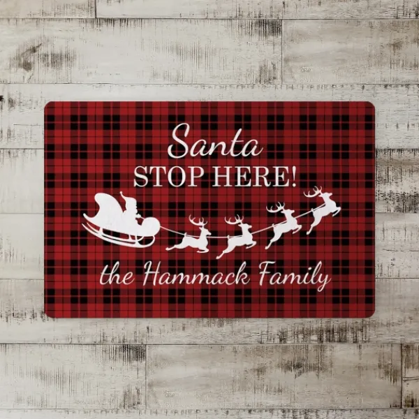 Kitchen & Floor Mats-Kirkland's Home Personalized Plaid Santa Stop Here Kitchen Mat Red/White