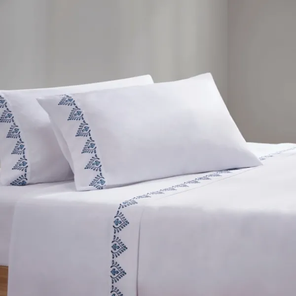Bed Sheets-Kirkland's Home Petal Blossom Hem Microfiber 4-Pc. King Sheet Set White/Blue