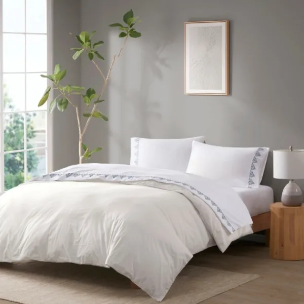 Bed Sheets-Kirkland's Home Petal Blossom Hem Microfiber 4-Pc. Queen Sheet Set White/Blue