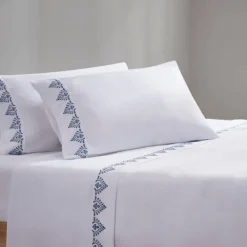 Bed Sheets-Kirkland's Home Petal Blossom Hem Microfiber 4-Pc. Full Sheet Set White/Blue