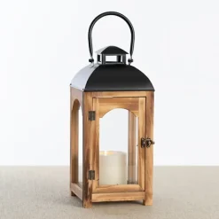 Lanterns-Kirkland's Home Pine Wood And Black Metal Lantern, 16 In. Brown/Black