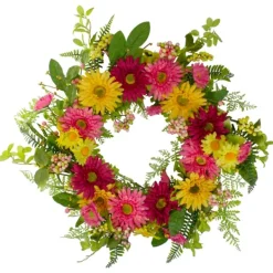 Wreaths-Kirkland's Home Pink And Yellow Chrysanthemum And Daisy Wreath Yellow/Pink/Green