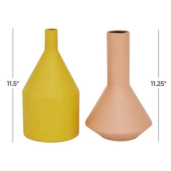 Vases-Kirkland's Home Pink And Yellow Metal Geometric Vases, Set Of 2 Pink/Yellow