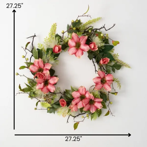 Wreaths-Kirkland's Home Pink Clematis And Greenery Wreath Pink/Green