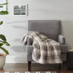 Blankets & Throws-Kirkland's Home Plaid Plush Throw Gray
