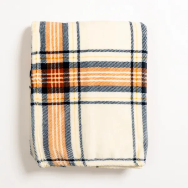 Blankets & Throws-Kirkland's Home Plush Cream Plaid Throw Ivory/Orange