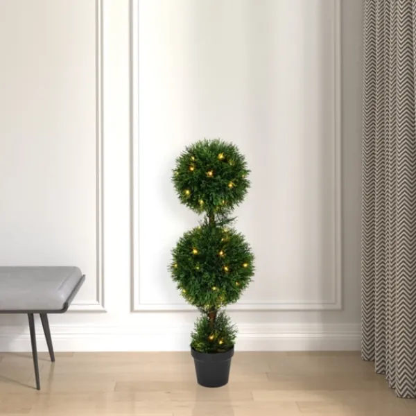 Trees & Topiaries-Kirkland's Home Pre-Lit Double Ball Cedar Potted Topiary
