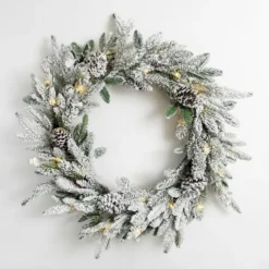 Wreaths-Kirkland's Home Pre-Lit Flocked Winter Pinecone Wreath White