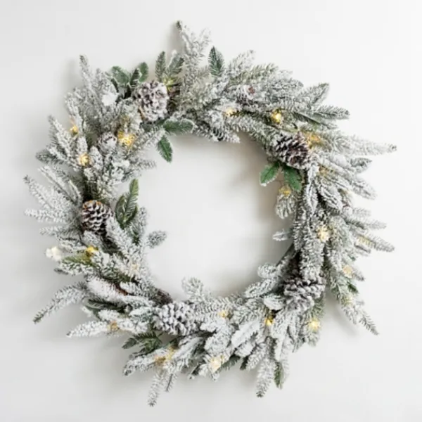 Wreaths-Kirkland's Home Pre-Lit Flocked Winter Pinecone Wreath White
