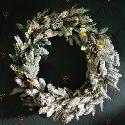 Wreaths-Kirkland's Home Pre-Lit Flocked Winter Pinecone Wreath White