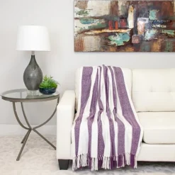 Blankets & Throws-Kirkland's Home Purple Chalet Striped Fringe Throw Purple/White