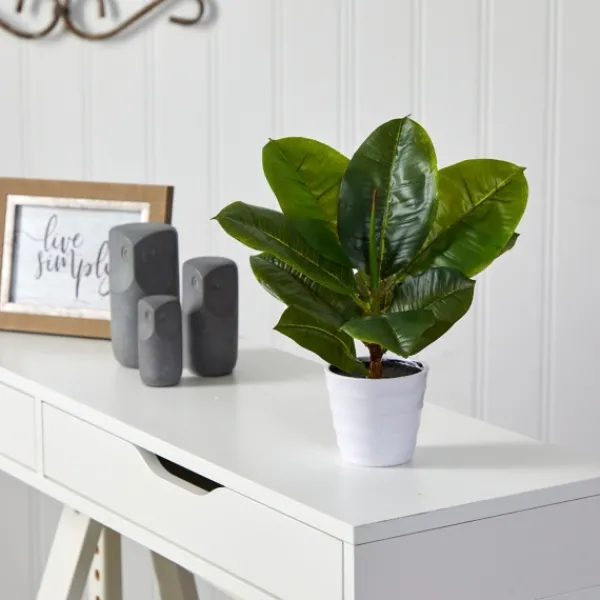 Arrangements & Greenery-Kirkland's Home Real Touch Rubber Leaf In Ribbed White Planter Green/White