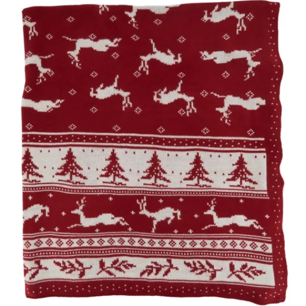 Blankets & Throws-Kirkland's Home Red And White Stripe Reindeer Christmas Knit Throw Red/White/Ivory