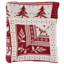 Blankets & Throws-Kirkland's Home Red And White Stripe Reindeer Christmas Knit Throw Red/White/Ivory