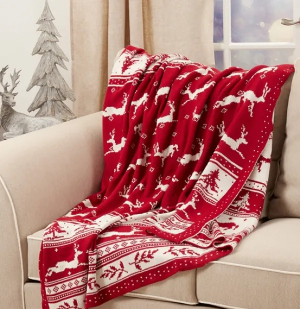 Blankets & Throws-Kirkland's Home Red And White Stripe Reindeer Christmas Knit Throw Red/White/Ivory