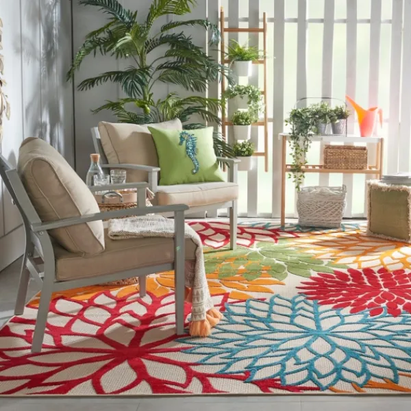Outdoor Rugs-Kirkland's Home Red Bright Floral Burst Outdoor Area Rug, 7X10 Red/Orange/Blue
