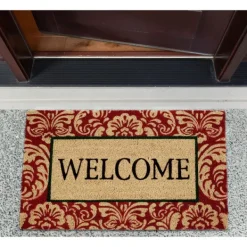 Doormats-Kirkland's Home Red Damask Welcome Coir Doormat Tan/Red