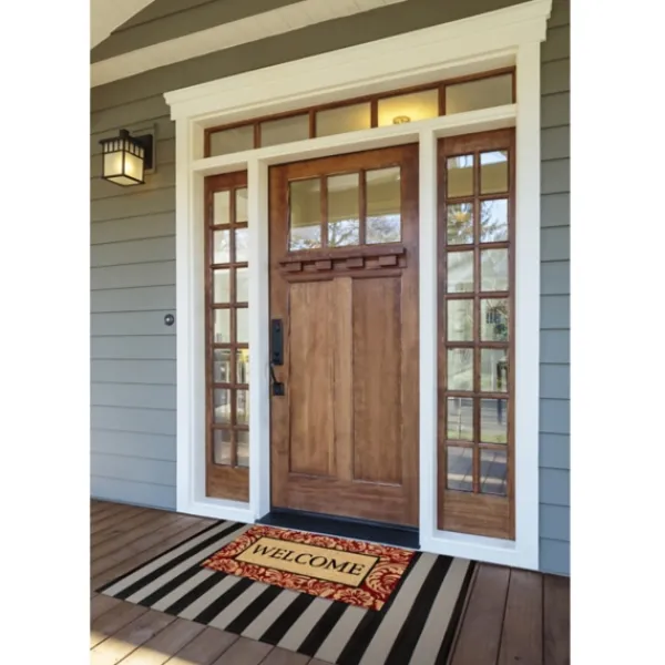 Doormats-Kirkland's Home Red Damask Welcome Coir Doormat Tan/Red