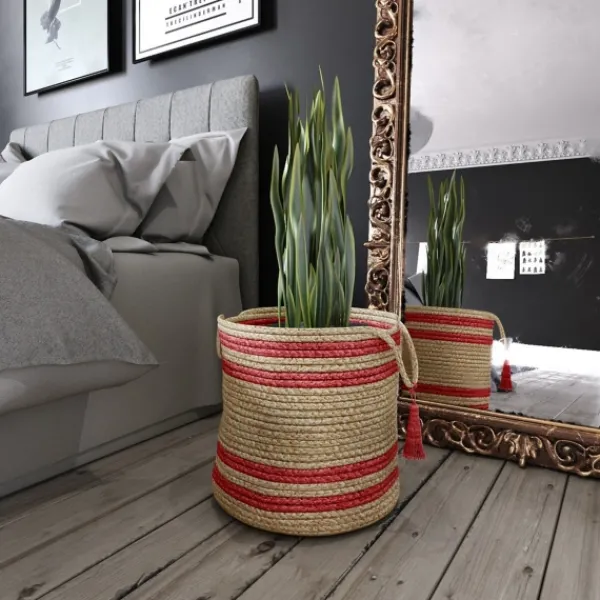 Baskets & Boxes-Kirkland's Home Red Double Stripe Jute Basket With Handles, 19 In. Tan/Red