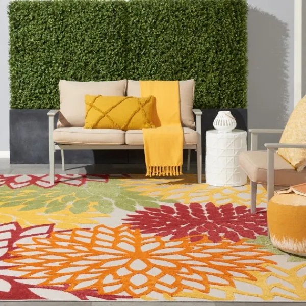 Outdoor Rugs-Kirkland's Home Red Floral Burst Outdoor Area Rug, 7X10 Red/Orange/Green