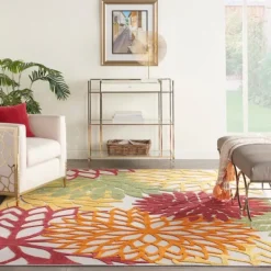 Outdoor Rugs-Kirkland's Home Red Floral Burst Outdoor Area Rug, 7X10 Red/Orange/Green