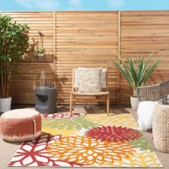 Outdoor Rugs-Kirkland's Home Red Floral Burst Outdoor Area Rug, 5X7 Red/Orange/Green