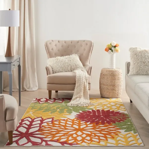 Outdoor Rugs-Kirkland's Home Red Floral Burst Outdoor Area Rug, 5X7 Red/Orange/Green