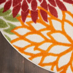 Outdoor Rugs-Kirkland's Home Red Floral Burst Outdoor Round Area Rug, 5 Ft. Red/Orange/Green
