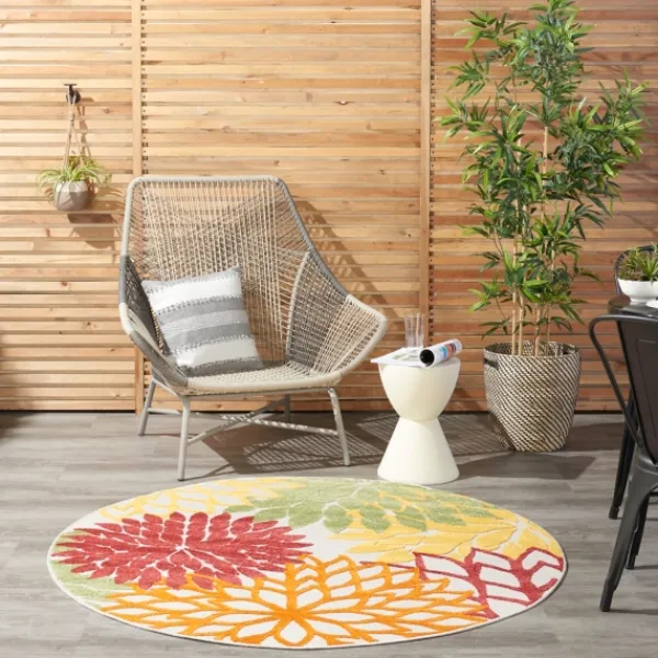Outdoor Rugs-Kirkland's Home Red Floral Burst Outdoor Round Area Rug, 5 Ft. Red/Orange/Green