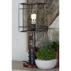 Table Lamps-Kirkland's Home Red Iron Cage Shade Edison Table Lamp Black