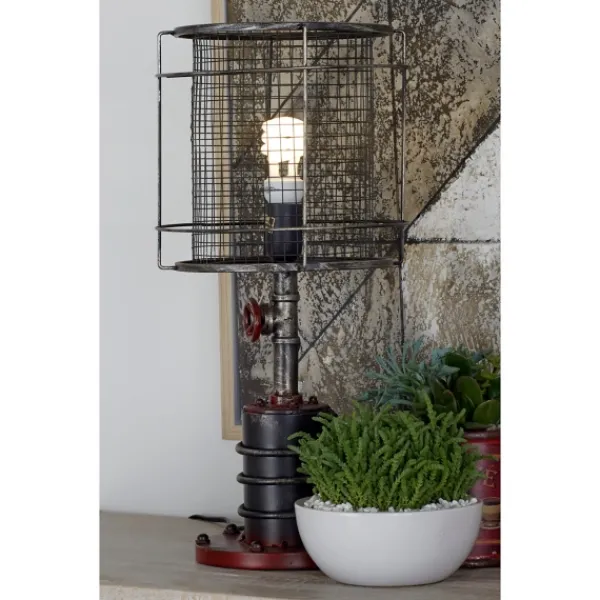 Table Lamps-Kirkland's Home Red Iron Cage Shade Edison Table Lamp Black