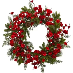 Wreaths-Kirkland's Home Red Plum Blossom Pinecone Wreath, 24 In. Green/Red