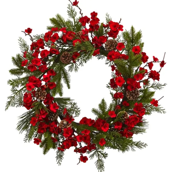 Wreaths-Kirkland's Home Red Plum Blossom Pinecone Wreath, 24 In. Green/Red
