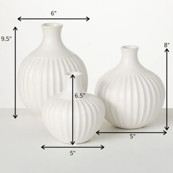 Vases-Kirkland's Home Ribbed Ceramic Bottle Vases, Set Of 3 White