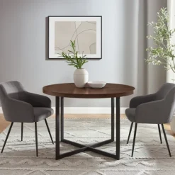 Dining Tables-Kirkland's Home Round And Black X Base Dining Table Brown