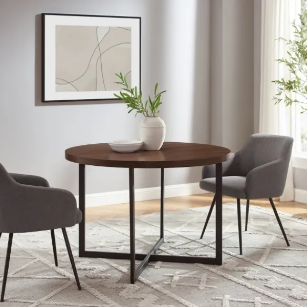 Dining Tables-Kirkland's Home Round And Black X Base Dining Table Brown