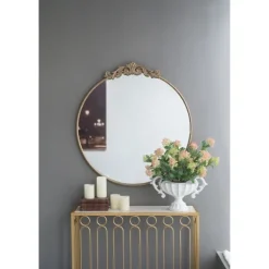 Decorative Mirrors-Kirkland's Home Round Antique Floral Scroll Mirror, 39 In. Gold