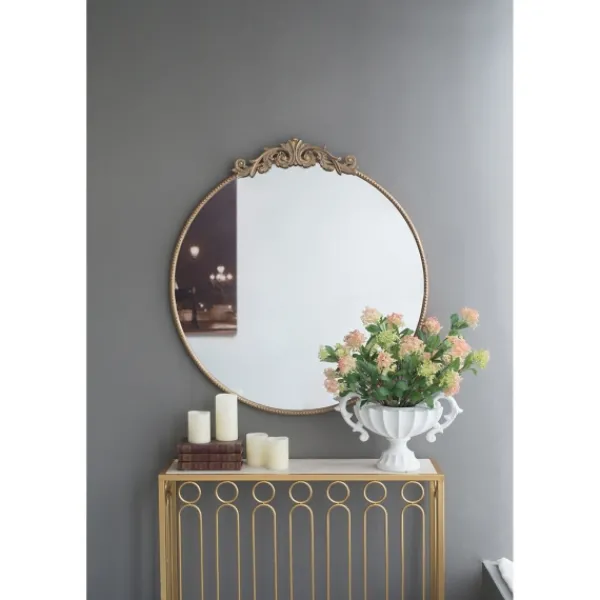 Decorative Mirrors-Kirkland's Home Round Antique Floral Scroll Mirror, 39 In. Gold
