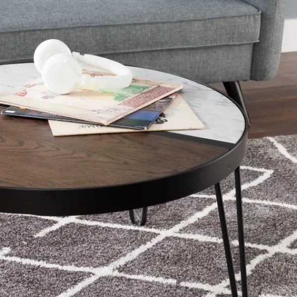 Coffee Tables-Kirkland's Home Round Brown Wood And White Marble Top Coffee Table Brown/White