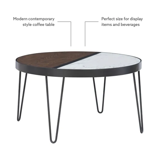 Coffee Tables-Kirkland's Home Round Brown Wood And White Marble Top Coffee Table Brown/White