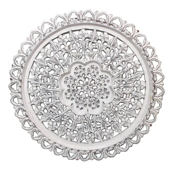 Wall Plaques-Kirkland's Home Round Distressed Wood Carved Wall Plaque White
