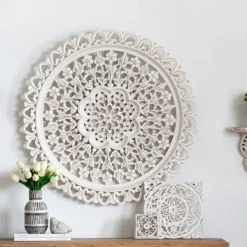 Wall Plaques-Kirkland's Home Round Distressed Wood Carved Wall Plaque White