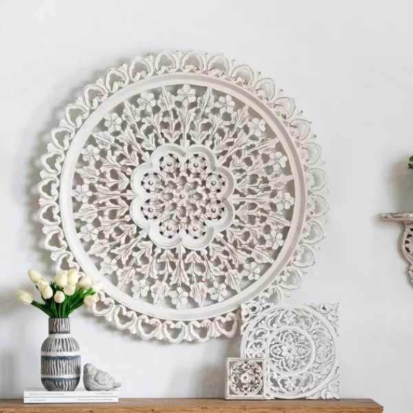 Wall Plaques-Kirkland's Home Round Distressed Wood Carved Wall Plaque White