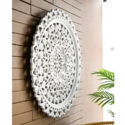 Wall Plaques-Kirkland's Home Round Distressed Wood Carved Wall Plaque White